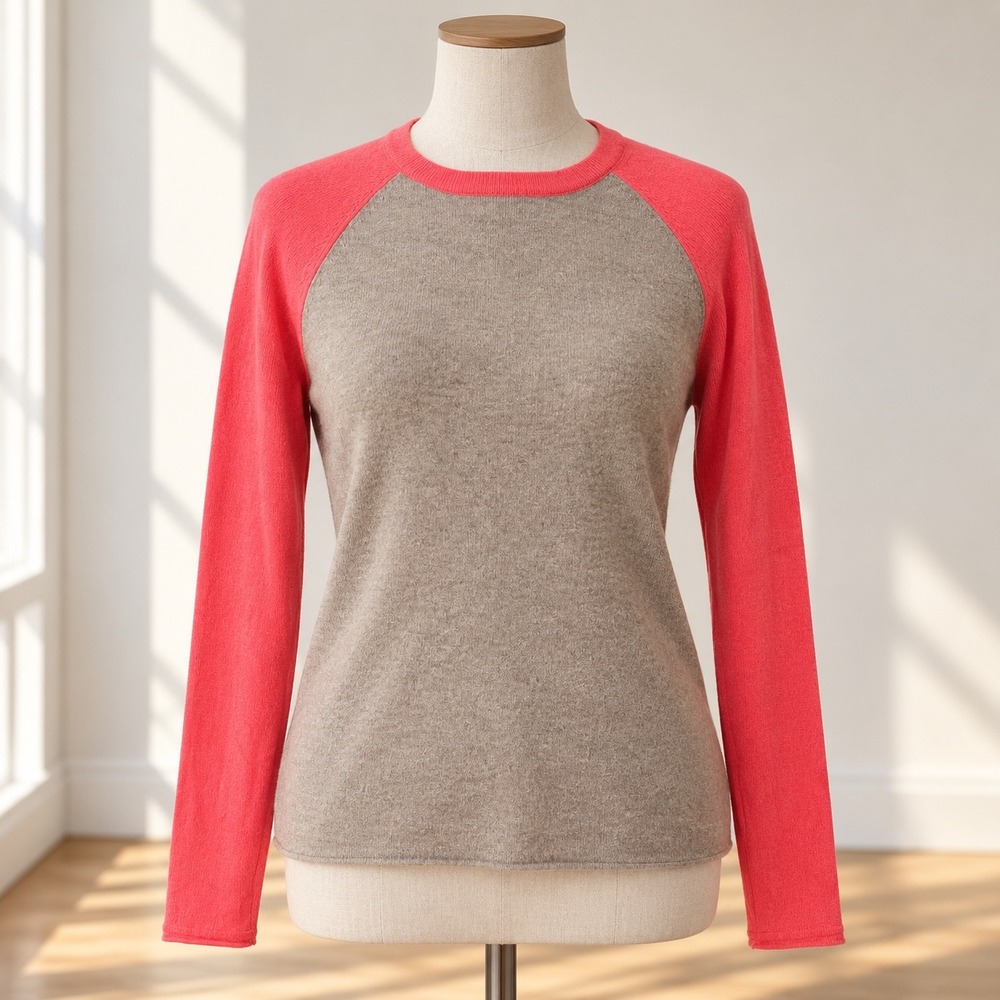 Garnet Hill Cashmere Colorblock Raglan Sweater Small Coral Oatmeal Minimalist